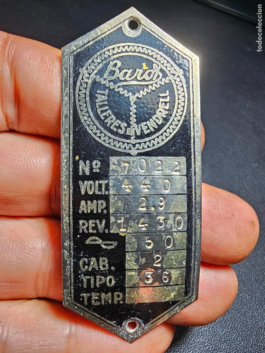 Carteles: ANTIGUA PLACA IDENTIFICATIVA DE MOTOR ELECTRICO-ELECTRICIDAD-CHAPA-ESPA&Ntilde;A A&Ntilde;OS 30-50