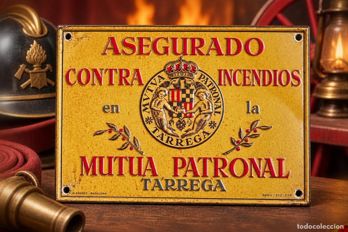 Carteles: (PUB-260800)Antigua Placa LITOGRAFIADA de Seguros contra Incendios &ndash; Mutua Patronal T&aacute;rrega, 1952