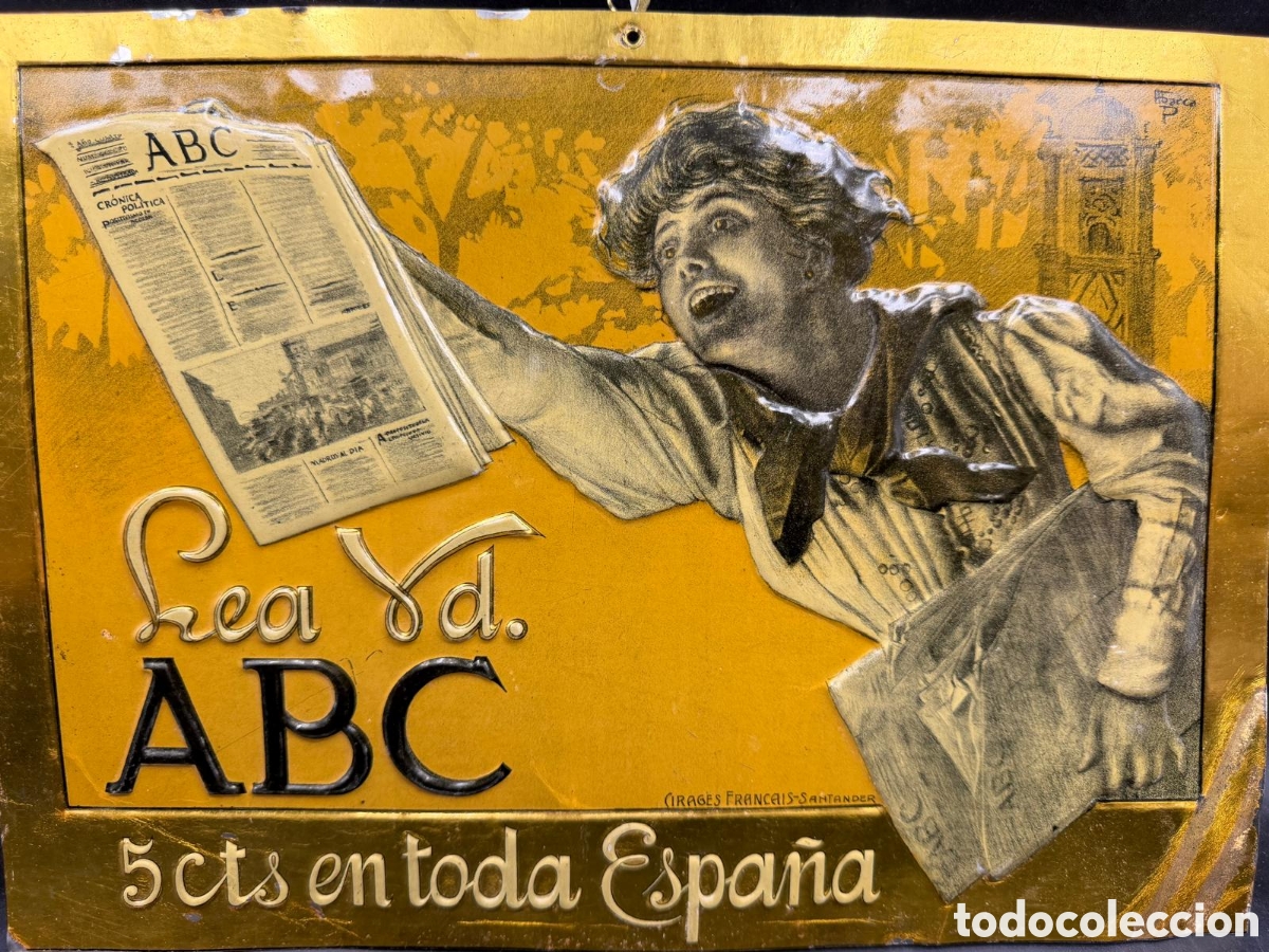 Carteles: Antiguo Cartel publicitario chapa. ABC a 5 cts en toda Espa&ntilde;a. Circa1906-1925_ Cirages Santander.