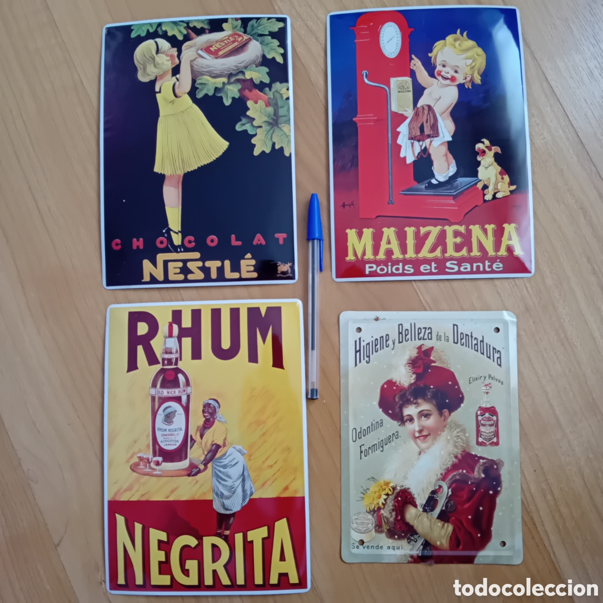 Carteles: LOTE 4 PLACAS MET&Aacute;LICAS NESTL&Eacute;, RHUM NEGRITA, ODONTINA FORMIGUERA Y MAIZENA. REPRODUCCIONES A&Ntilde;OS 90S