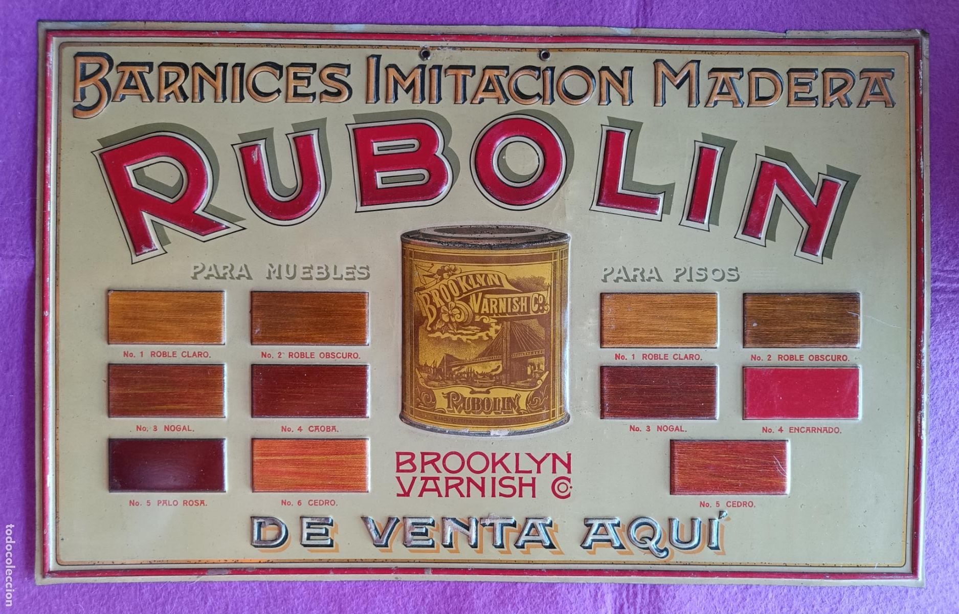 Carteles: CARTEL CHAPA PUBLICIDAD RUBOLIN BARNICES IMITACION MADERA CON RELIEVE ORIGINAL