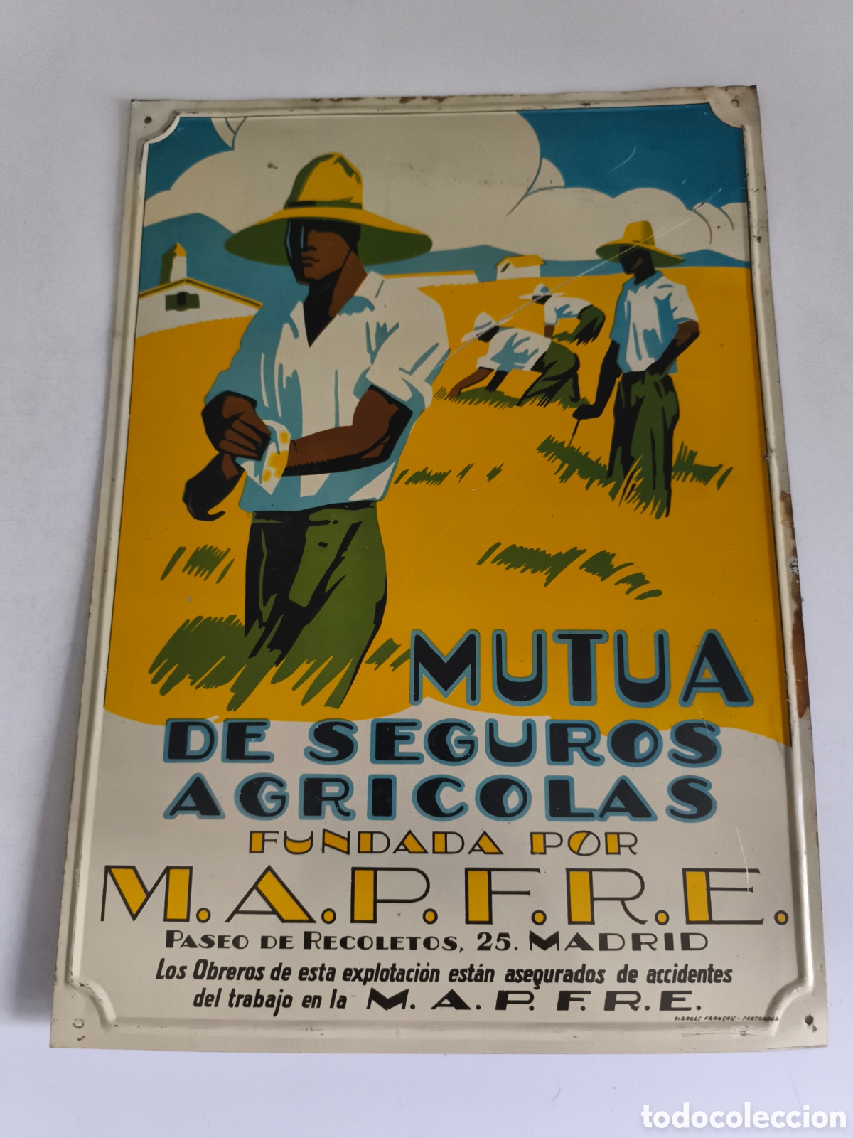 Carteles: Antigua chapa de publicidad Mutua de seguros agr&iacute;colas fundada por Mapfre en muy buen estado a&ntilde;os 50