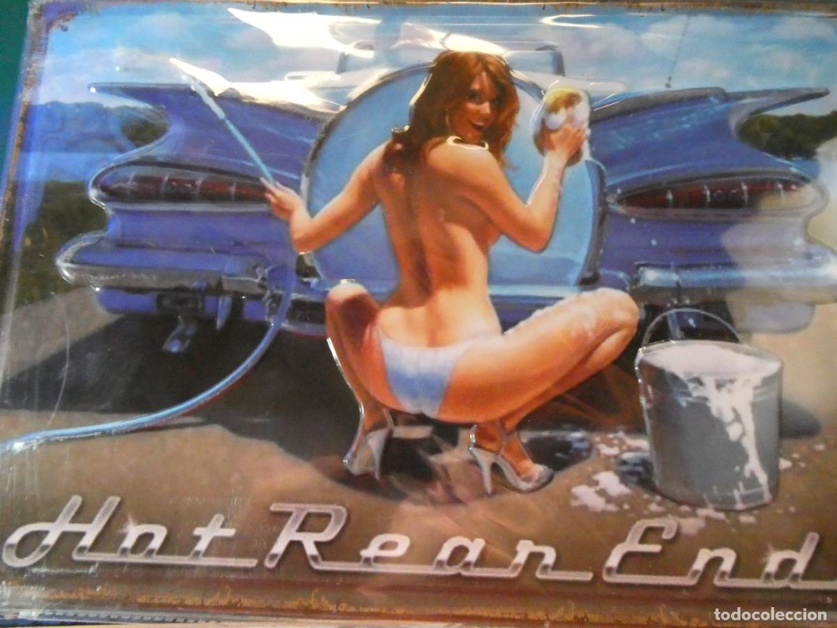 Carteles: CHAPA CARTEL MET&Aacute;LICO PUBLICITARIO. MUJER SEXY LAVANDO COCHE HOT REAR ENDS 30X20CM 150 GR