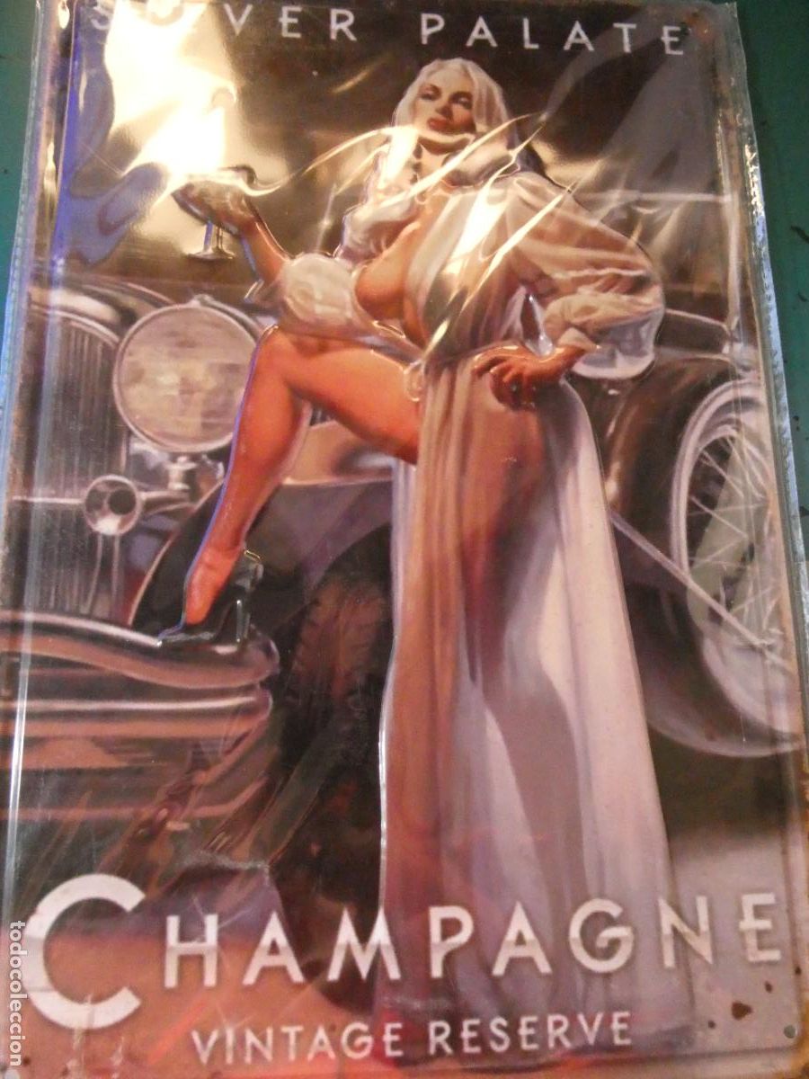 Carteles: CHAPA CARTEL MET&Aacute;LICO PUBLICITARIO. MUJER SEXY CHAMPAGNE RESERVA SILVER PALATE 30X20CM 150 GR
