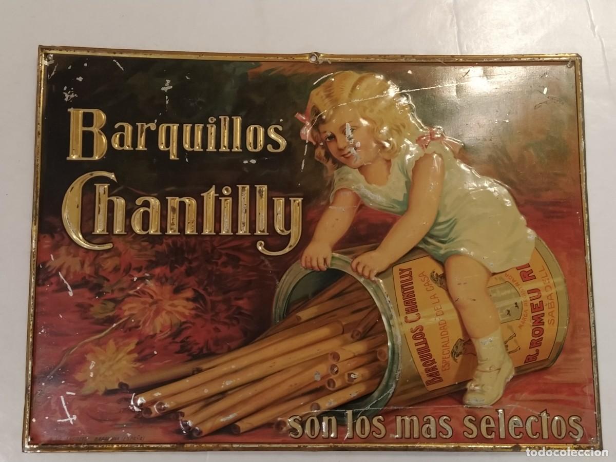 Carteles: BARQUILLOS CHANTILLY - CHAPA ANTIGUA ORIGINAL - CHANTECLER - G DE ANDREIS , BADALONA -VER FOTOS