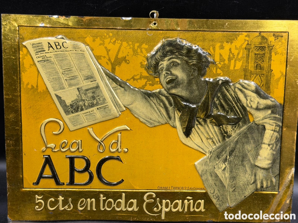 Carteles: Antiguo Cartel publicitario chapa. ABC a 5 cts en toda Espa&ntilde;a. Circa1906-1925_ Cirages Santander.