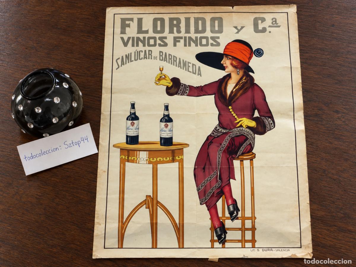 Carteles: Antiguo Cartel Publicitario c. 1920 - Vinos Finos Florido y C&iacute;a - Sanl&uacute;car - Lit. S. Dur&aacute;