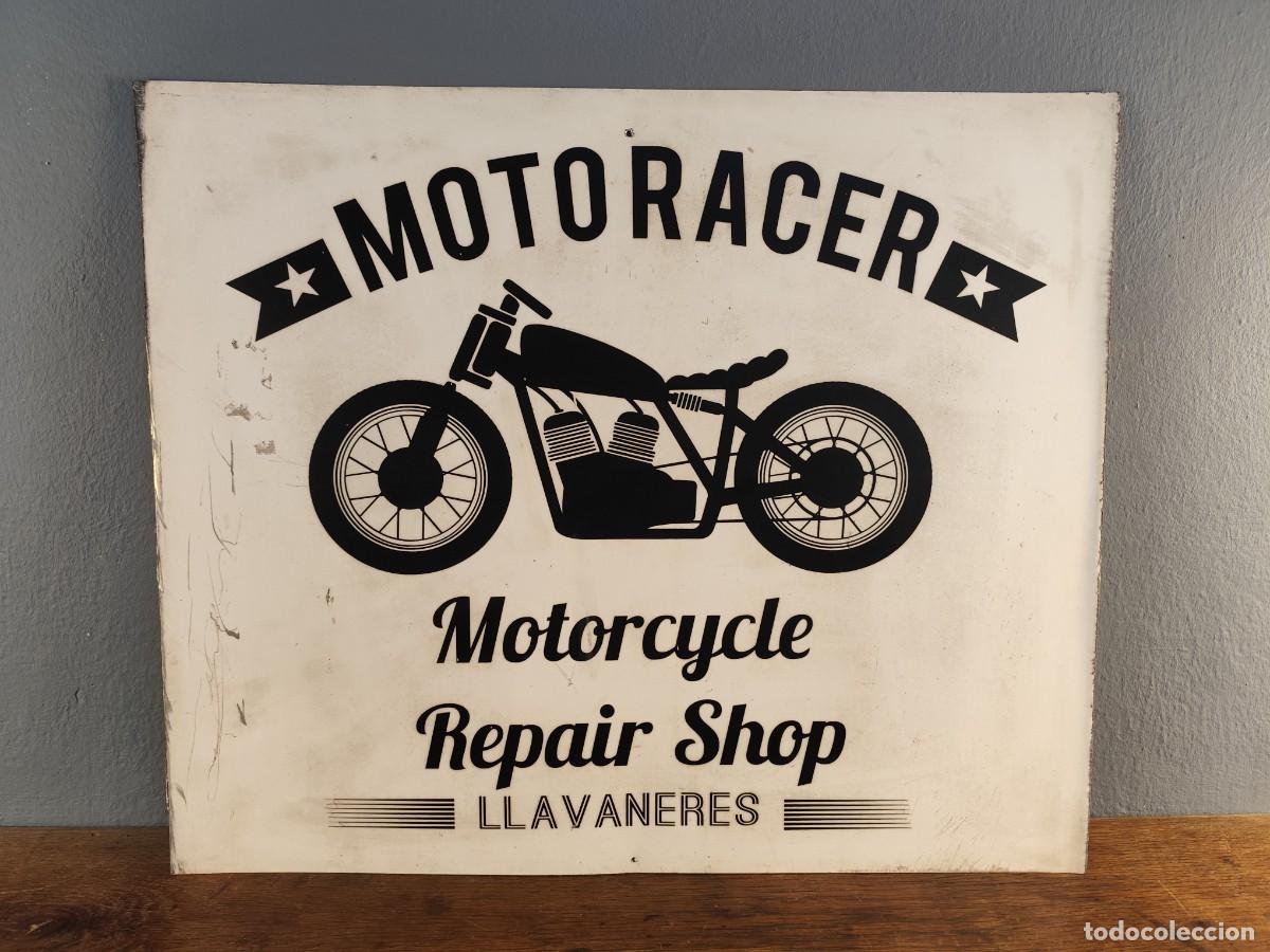 Carteles: Letrero met&aacute;lico Motoracer &ndash; Motorcycle Repair Shop, estilo vintage industrial