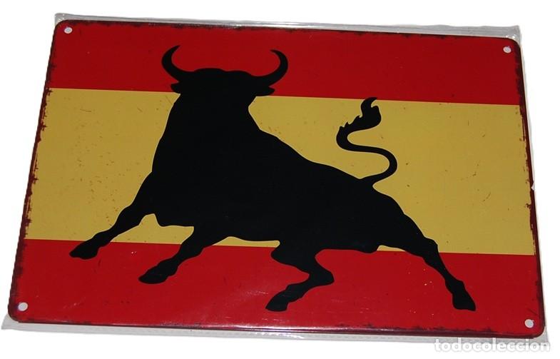 Carteles: PLACA/CHAPA TORO SOBRE BANDERA DE ESPA&Ntilde;A FURIA ESPA&Ntilde;OLA