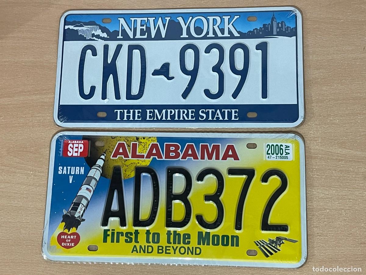Carteles: Lote 2 Matr&iacute;culas NEW YORK The Empire State + ALABAMA First to the Moon placas metal reproducciones