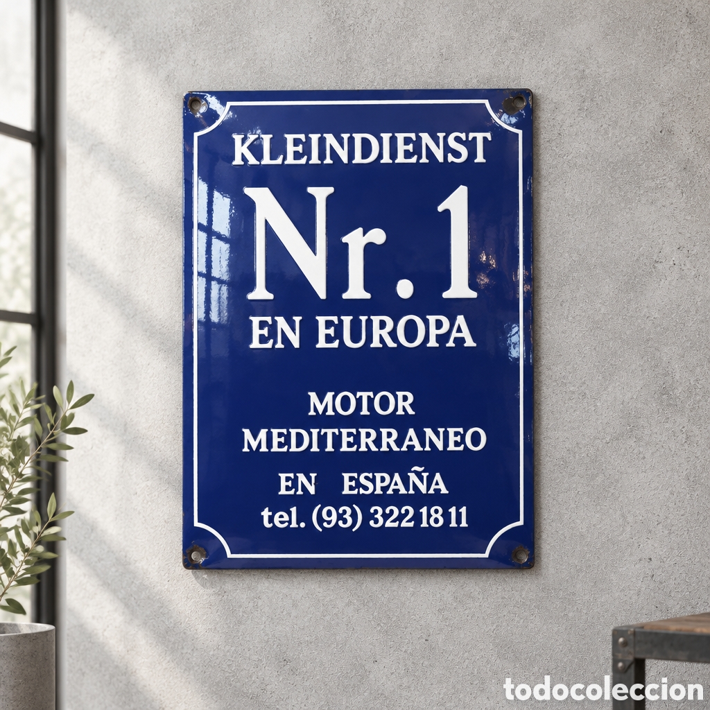 Carteles: MUY RARO CARTEL DE ESMALTE . KLEINDIENST NUMERO 1 EN EUROPA. MOTOR MEDITERRANEO EN ESPA&Ntilde;A . 47&times;36 CM