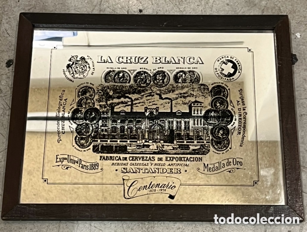 Carteles: Espejo Publicitario. Cerveza LA CEUZ BLANCA. Santander. A&ntilde;os 70.