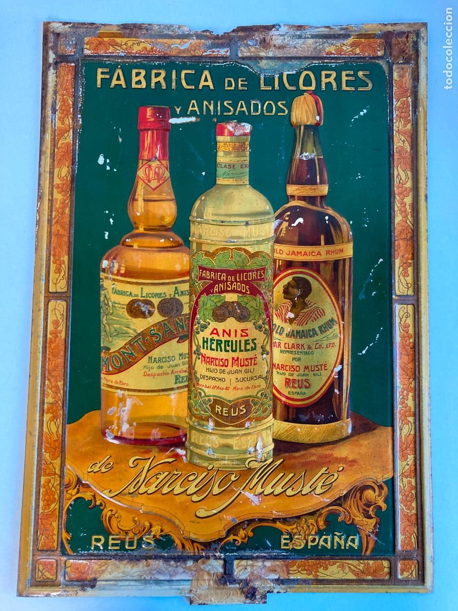 Affiches: FABRICA DE LICORES Y ANISADOS DE NARCISO MUST&Eacute; - REUS, ESPA&Ntilde;A - CHAPA LITOGRAFIADA ORIGINAL.
