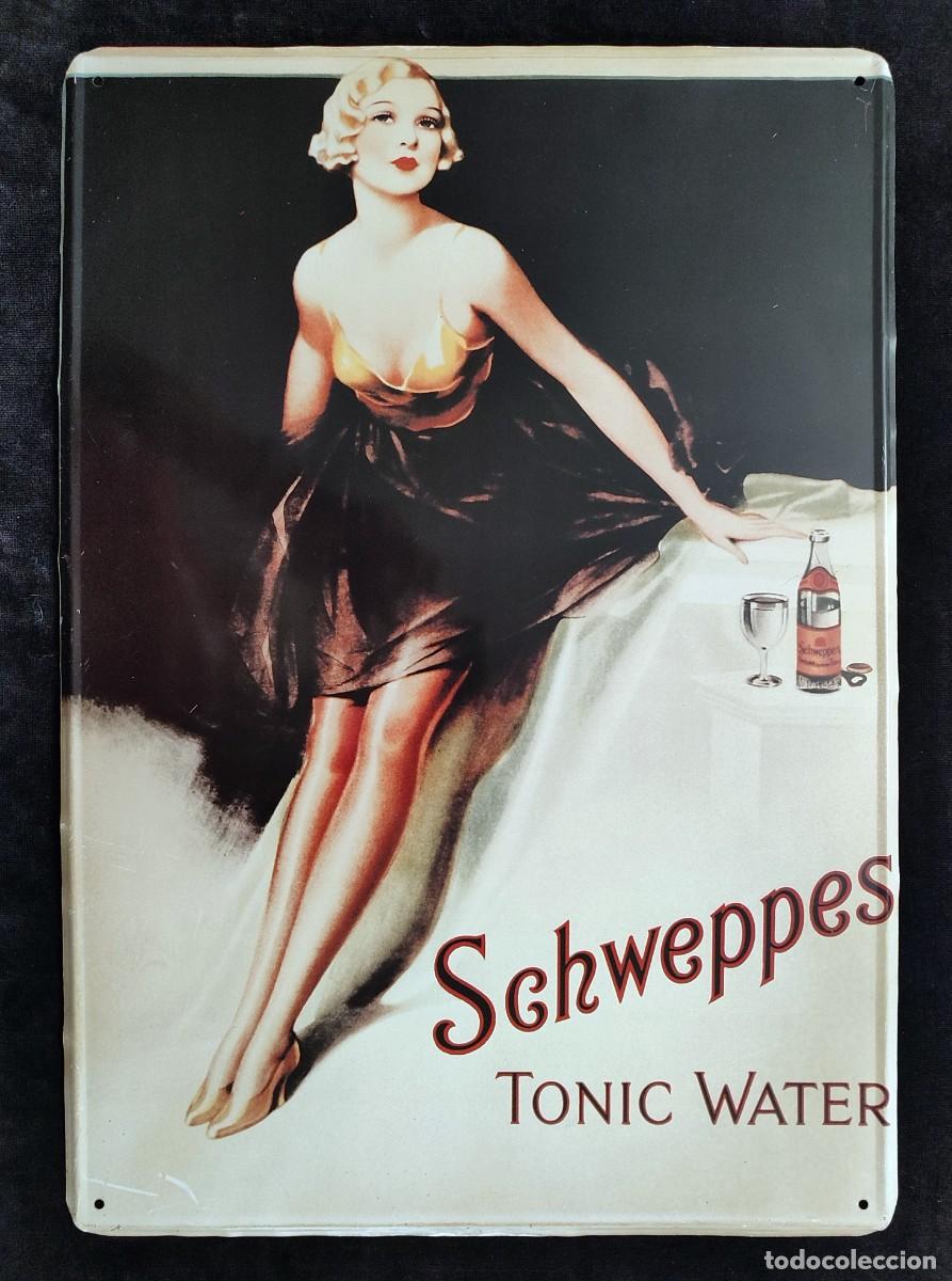 Carteles: CARTEL MET&Aacute;LICO SCHWEPPES, TONIC WATER. 50x35 cm. PUBLIRETRO. PLACA PUBLICIDAD REFRESCO