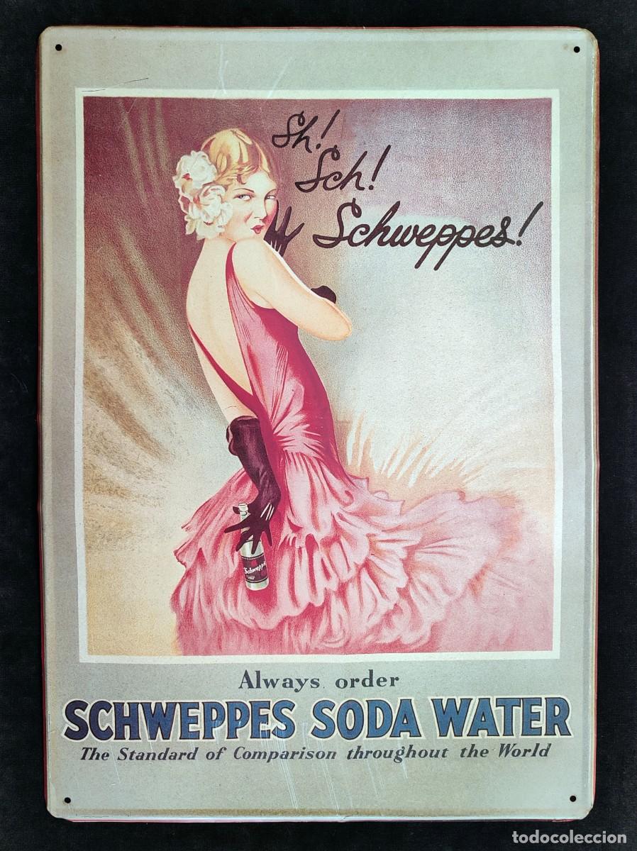 Carteles: CARTEL MET&Aacute;LICO SCHWEPPES, SODA WATER. 50x35 cm. PUBLIRETRO. PLACA PUBLICIDAD REFRESCO