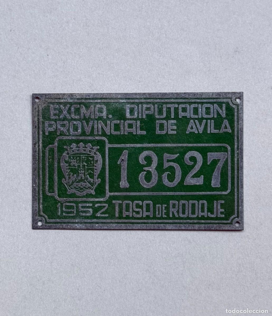 Carteles: Chapa o placa de matr&iacute;cula para carro. Tasa de rodaje de la Diputaci&oacute;n Provincial de &Aacute;vila, 1952
