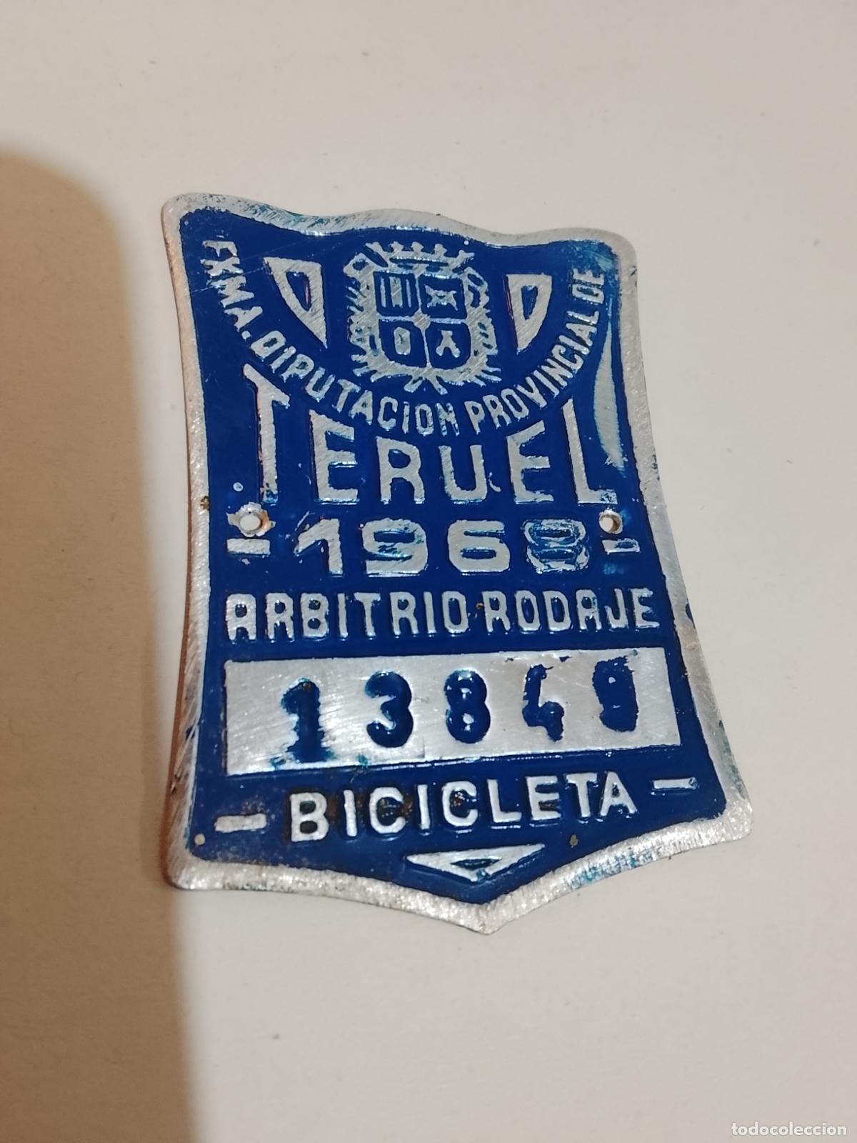 Carteles: Matr&iacute;cula Chapa Arbitrio Rodaje Teruel 1968 - Bicicleta 7x5 cm