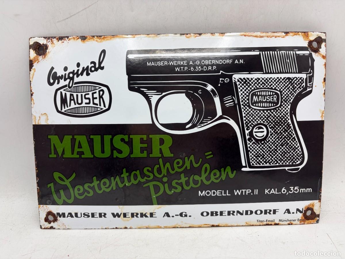 Carteles: CARTEL ESMALTADO VINTAGE MAUSER MODEL WTP II &ndash; PUBLICIDAD ALEMANA ORIGINAL &ndash; MEDIDAS APROX.:20X30 CM