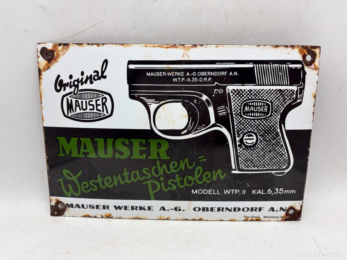 Carteles: CARTEL ESMALTADO VINTAGE MAUSER MODEL WTP II &ndash; PUBLICIDAD ALEMANA ORIGINAL &ndash; MEDIDAS APROX.:20X30 CM
