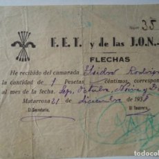 Carteles Políticos: 1938 RECIBO 1 PESETA F.E.T. Y DE LAS J.O.N.-S FLECHAS FALANGE ESPAÑOLA RECIBO ORIGINAL DE 21 DE DICI. Lote 260874760
