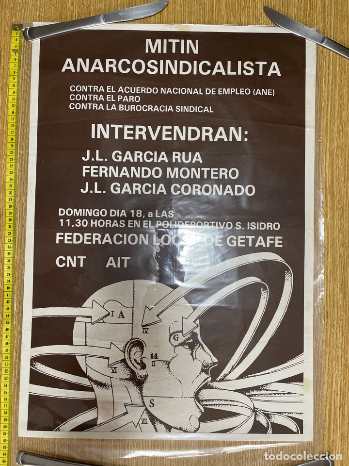 Cartazes Pol&iacute;ticos: Cartel original de mitin anarcosindicalista a&ntilde;os 80 Federaci&oacute;n local cnt AIT de Getafe