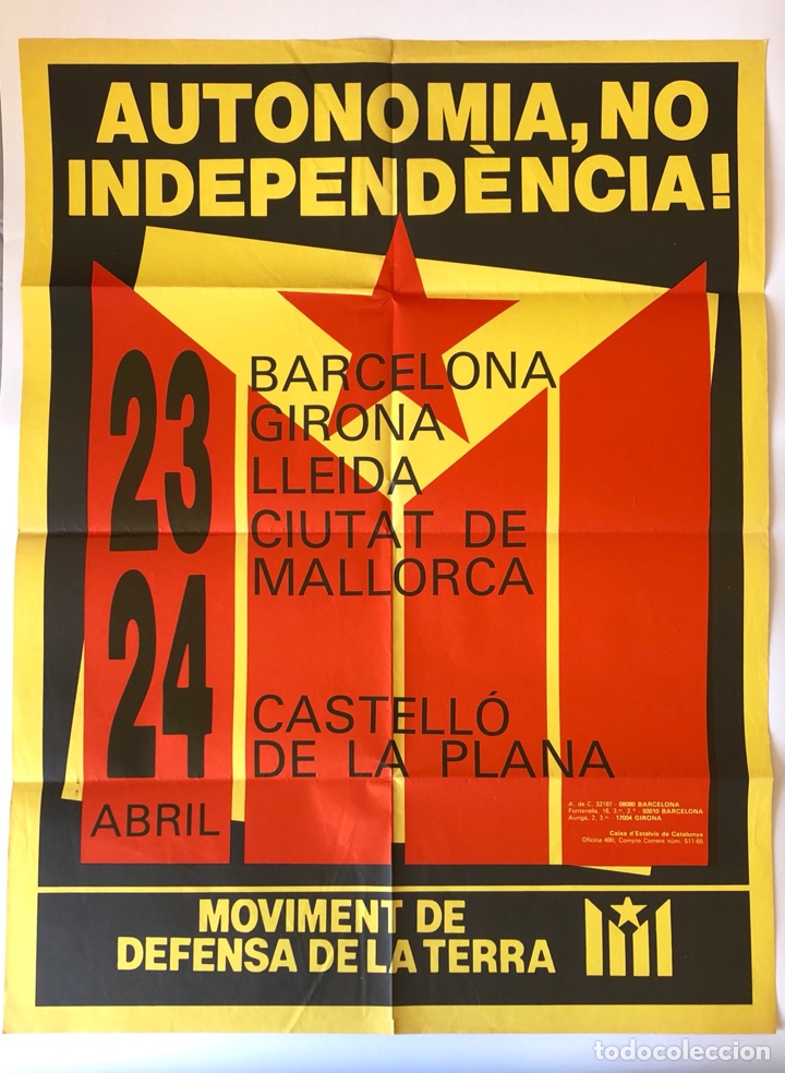 Affiches Politiques: CARTEL POL&Iacute;TICO MDT MOVIMENT DEFENSA DE LA TERRA CATALUNYA AUTONOM&Iacute;A NO, INDEPENDENCIA 1980&rsquo;s P&Oacute;STER