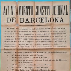 Carteles Políticos: ANTIGUO CARTEL BANDO DEL AYUNTAMIENTO DE BARCELONA - REVISION MOZOS RECLUTAS REEMPLAZOS 1897-98-99. Lote 399632934
