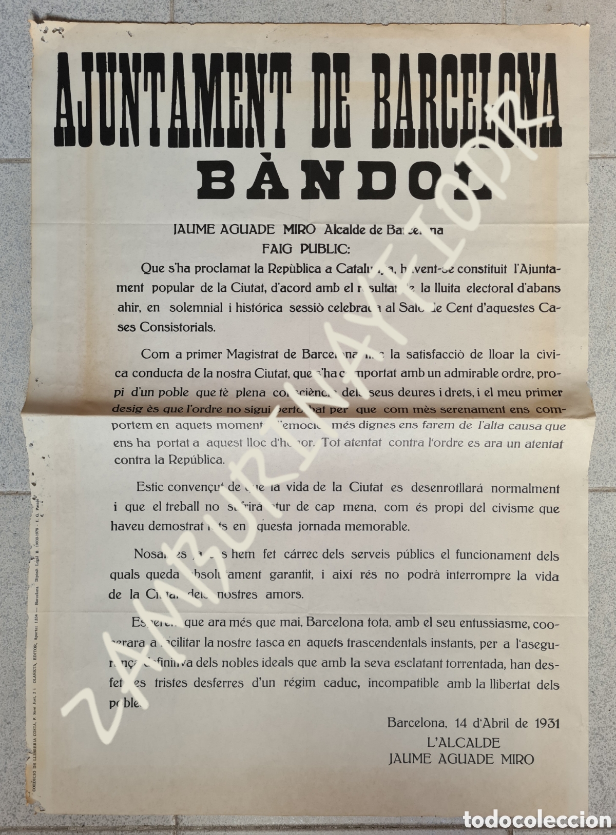 Affiches Politiques: R&eacute;plica Cartel B&agrave;ndol Proclamaci&oacute; Barcelona Ajuntament Popular Republic&agrave; - A&ntilde;o 1978