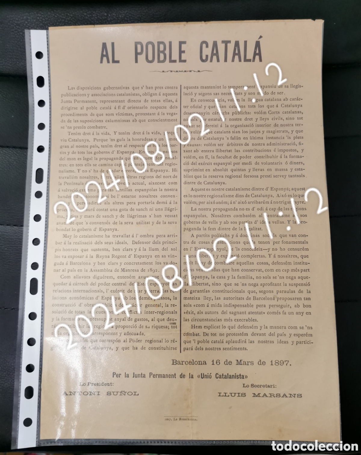 Affiches Politiques: Al poble Catal&agrave;. Uni&oacute; Catalanista. Bando proclama 1897. Su&ntilde;ol/Marsans