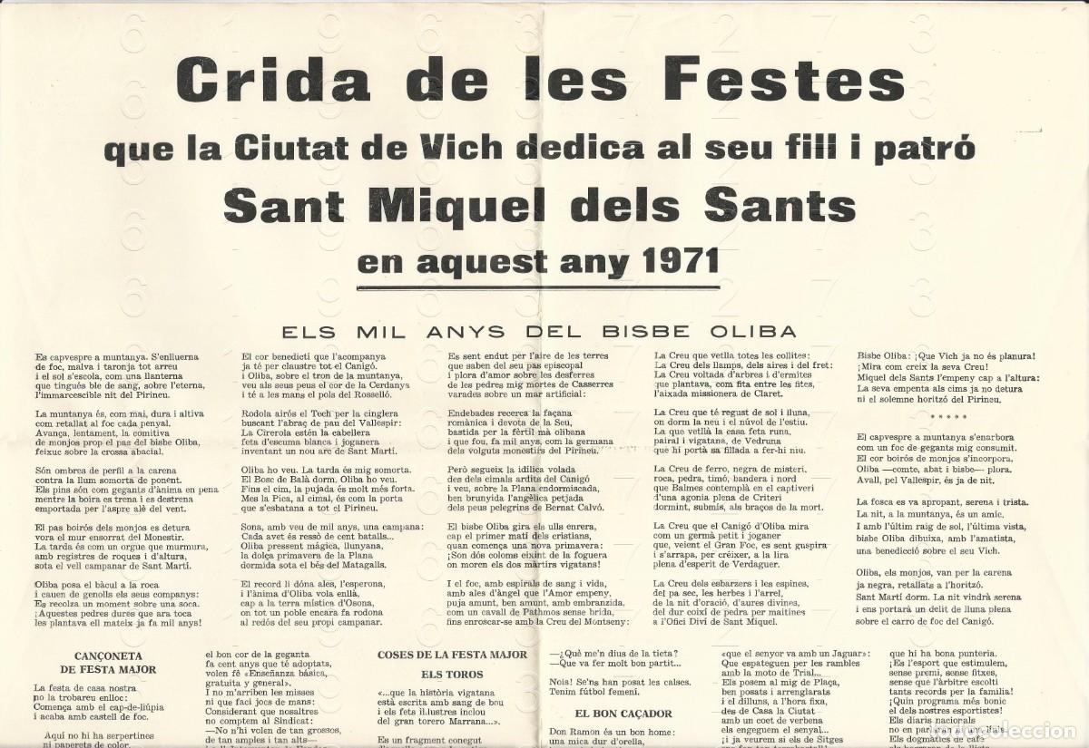 Carteles Pol&iacute;ticos: VICH CRIDA DE LES FESTES SANT MIQUEL DELS SANTS 1971 CARTEL ANGLADA B66