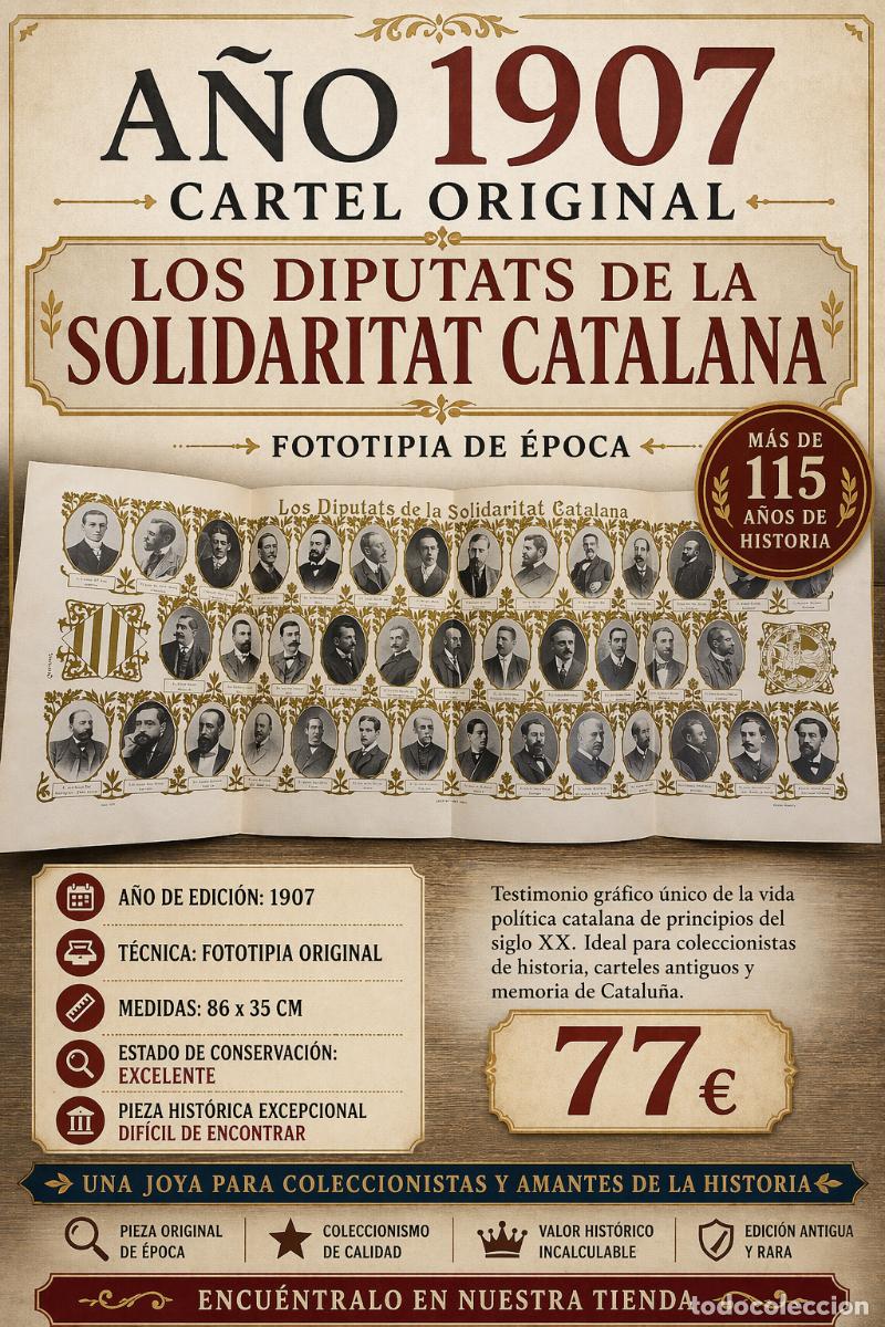 Plakate Politik: A&Ntilde;O 1907 !! CARTEL 'LOS DIPUTATS DE LA SOLIDARITAT CATALANA' / FOT. THOMAS / 86X35 CM / PERFECTO