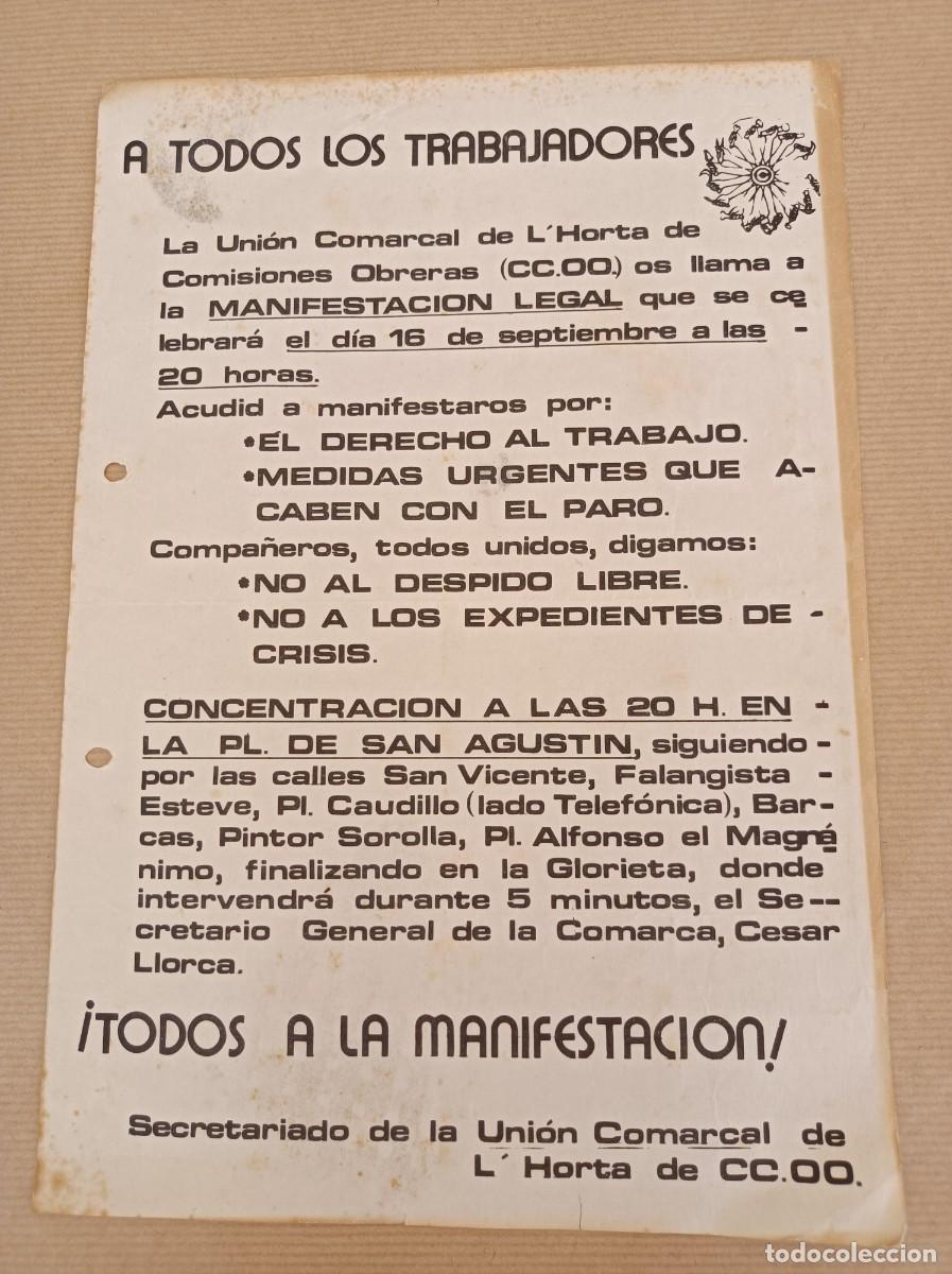 Carteles Pol&iacute;ticos: UNI&Oacute;N COMARCAL DE L' HORTA COMISIONES OBRERAS TODOS A LA MANIFESTACI&Oacute;N - &Eacute;POCA TRANSICI&Oacute;N