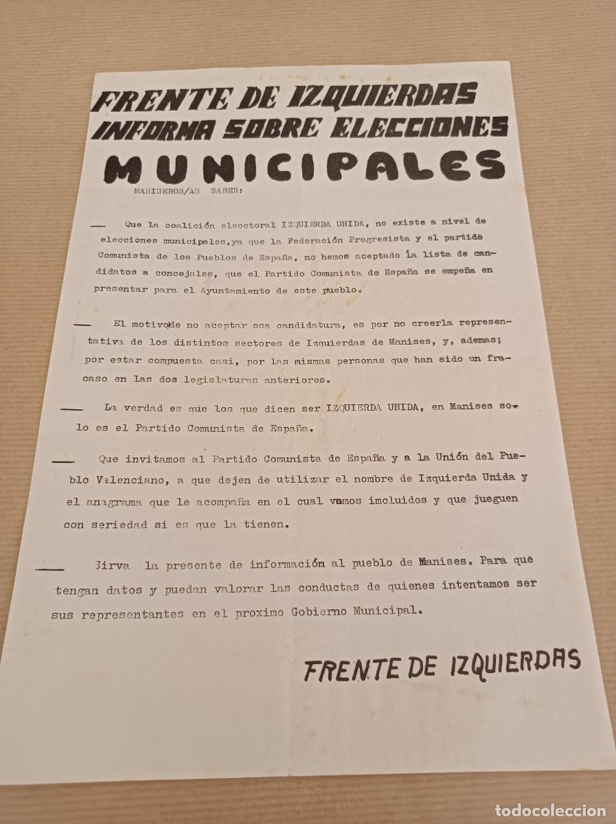 Carteles Pol&iacute;ticos: CARTEL FRENTE DE IZQUIERDAS INFORMA SOBRE ELECCIONES MANISES - &Eacute;POCA TRANSICI&Oacute;N