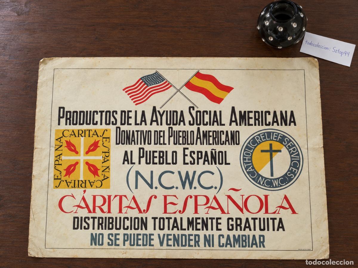 Carteles pol&iacute;ticos: Antiguo Cartel Ayuda Social Americana 1950 - C&aacute;ritas Espa&ntilde;ola - NCWC - Donativo USA
