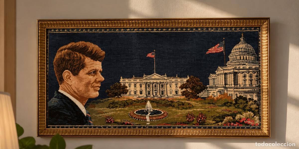 Plakate Politik: TAPIZ VINTAGE JOHN F. KENNEDY Y CASA BLANCA &middot; A&Ntilde;OS 60 &middot; ENMARCADO CON CRISTAL &middot; [MADE IN ITALY]
