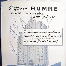 Carteles Publicitarios: EDIFICIOS RUMHE S.A. CARTEL PUBLICITARIO 70 X 50. AÑOS 40. CONSTRUCCIÓN. POSTGUERRA. MADRID