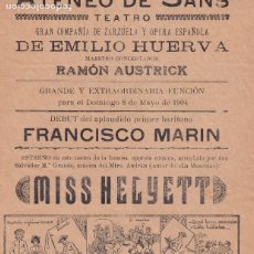 Carteles Publicitarios: ATENEO DE SANS, BARCELONA, TEATRO, CARTEL PUBLICIDAD ANUNCIADOR DEL AÑO 1904. 42 X 15,5 CM.