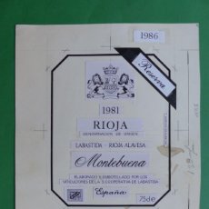 Carteles Publicitarios: MONTEBUENA, LABASTIDA RIOJA ALAVESA - ORIGINAL PINTADO A MANO, PRUEBA IMPRENTA, AÑOS 1980
