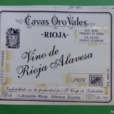 Carteles Publicitarios: VINO RIOJA ALAVESA CAVAS ORO VALES- ORIGINAL PINTADO A MANO, PRUEBA IMPRENTA, AÑO 1978