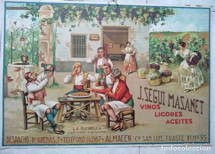 Affiches Publicitaires: LAMINA a&ntilde;os 30, VALENCIA ,SEGUI MASANET vinos , la guerrilla costumbre alicantina