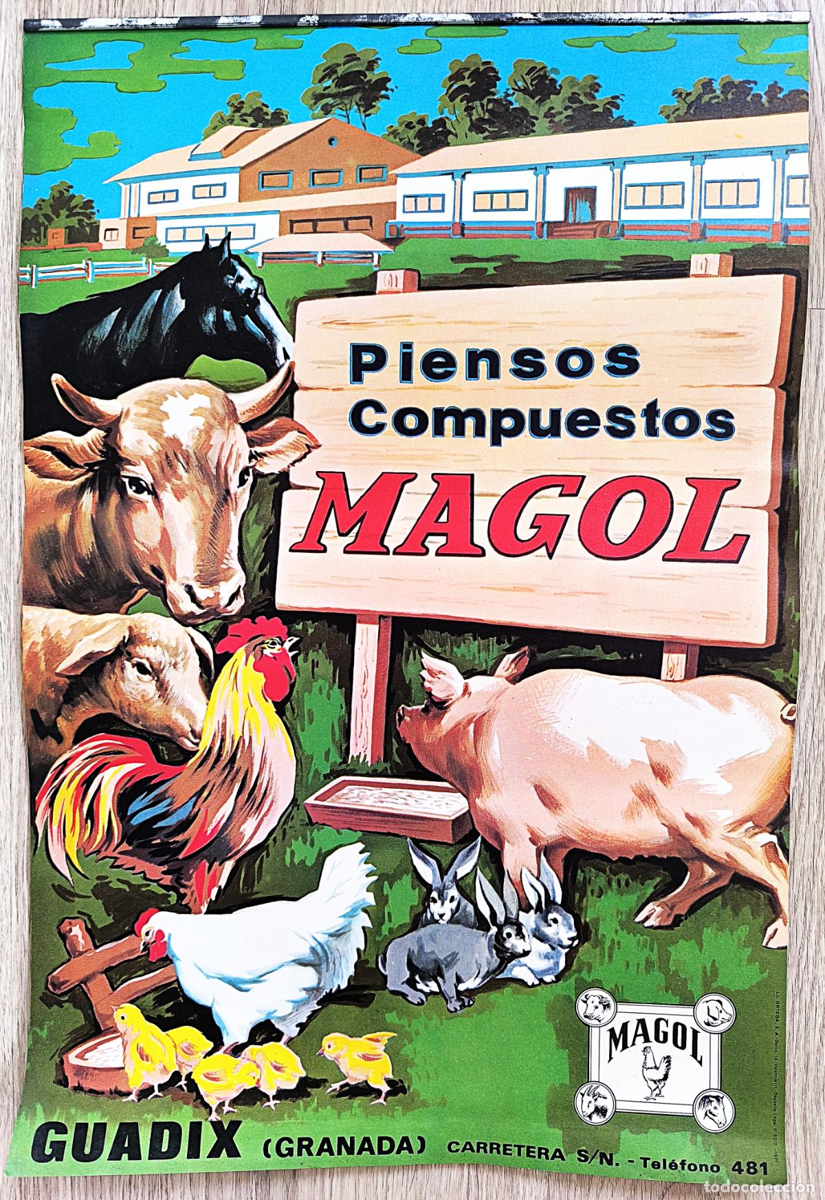 Carteles Publicitarios: RW ANTIGUO CARTEL PUBLICIDAD PIENSOS COMPUESTOS MAGOL ANIMALES GUADIX GRANADA LITOGRAFIA CPU60
