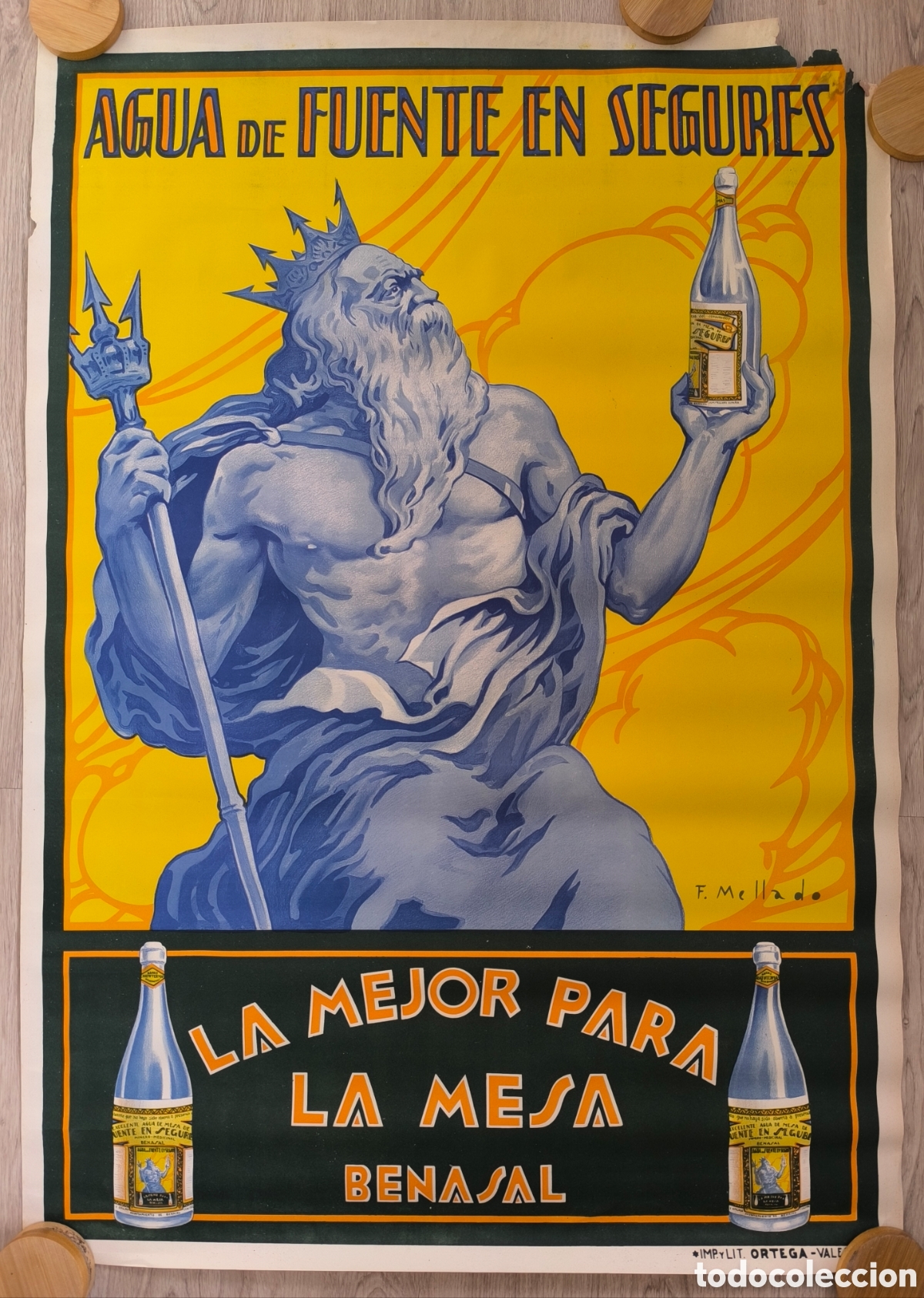 Carteles Publicitarios: CARTEL PUBLICIDAD AGUA DE FUENTE EN SEGURES BENASAL CASTELLON F. MELLADO A&Ntilde;OS 30 40 LITOGRAFIA CPU3
