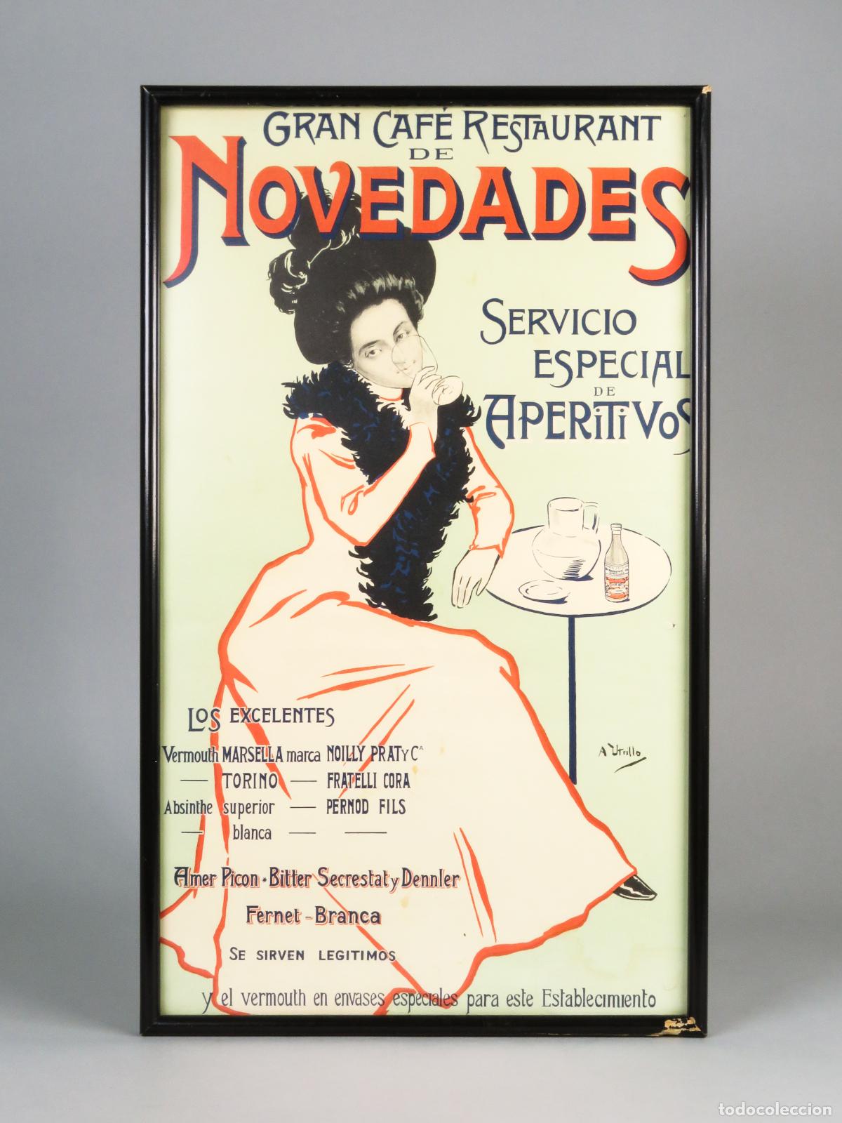 Carteles Publicitarios: Cartel Gran caf&eacute; restaurant Novedades dibujo A Utrillo imprenta 1970 enmarcado