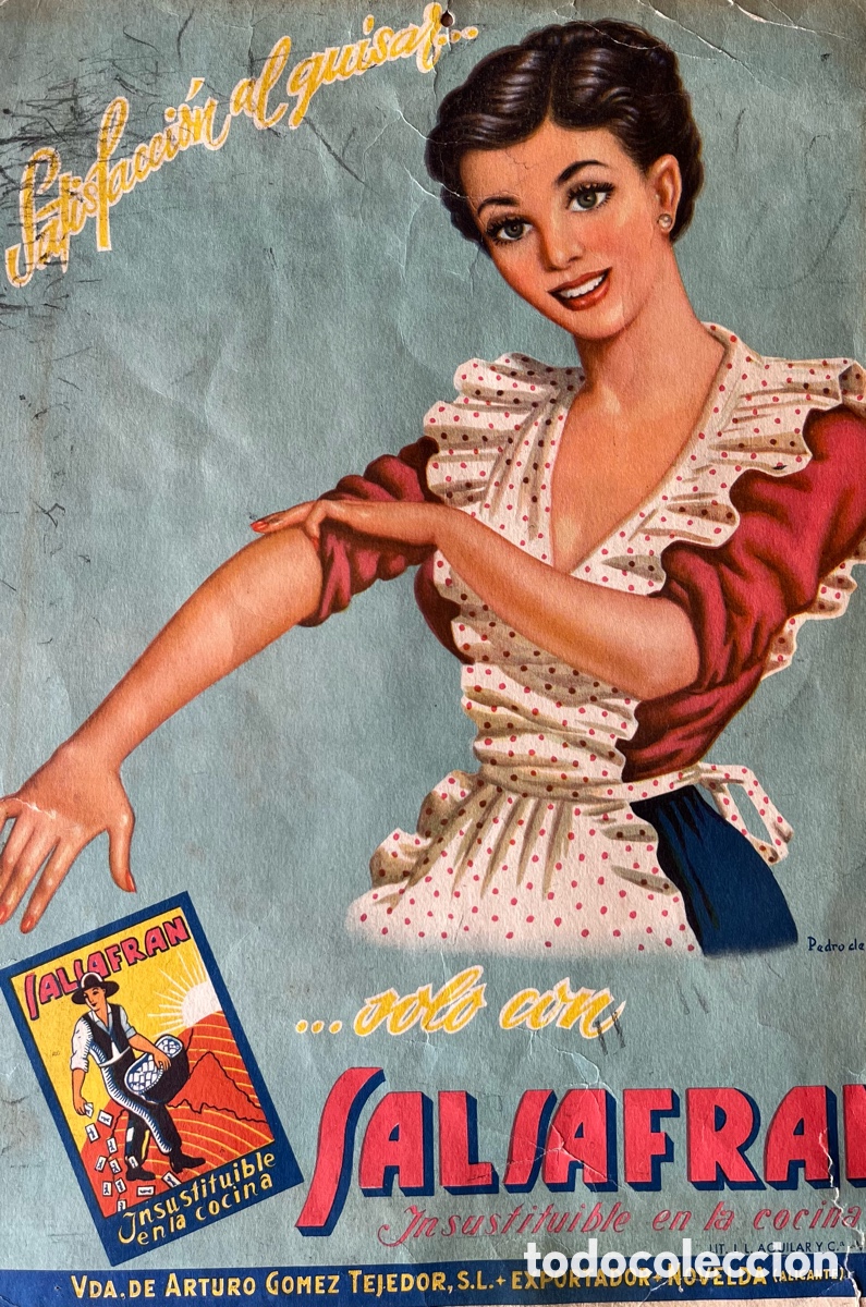 Carteles Publicitarios: Cartel antiguo publicitario, original de azafr&aacute;n &ldquo;Salsafr&aacute;n&rdquo; Novelda. A&ntilde;os 40-50