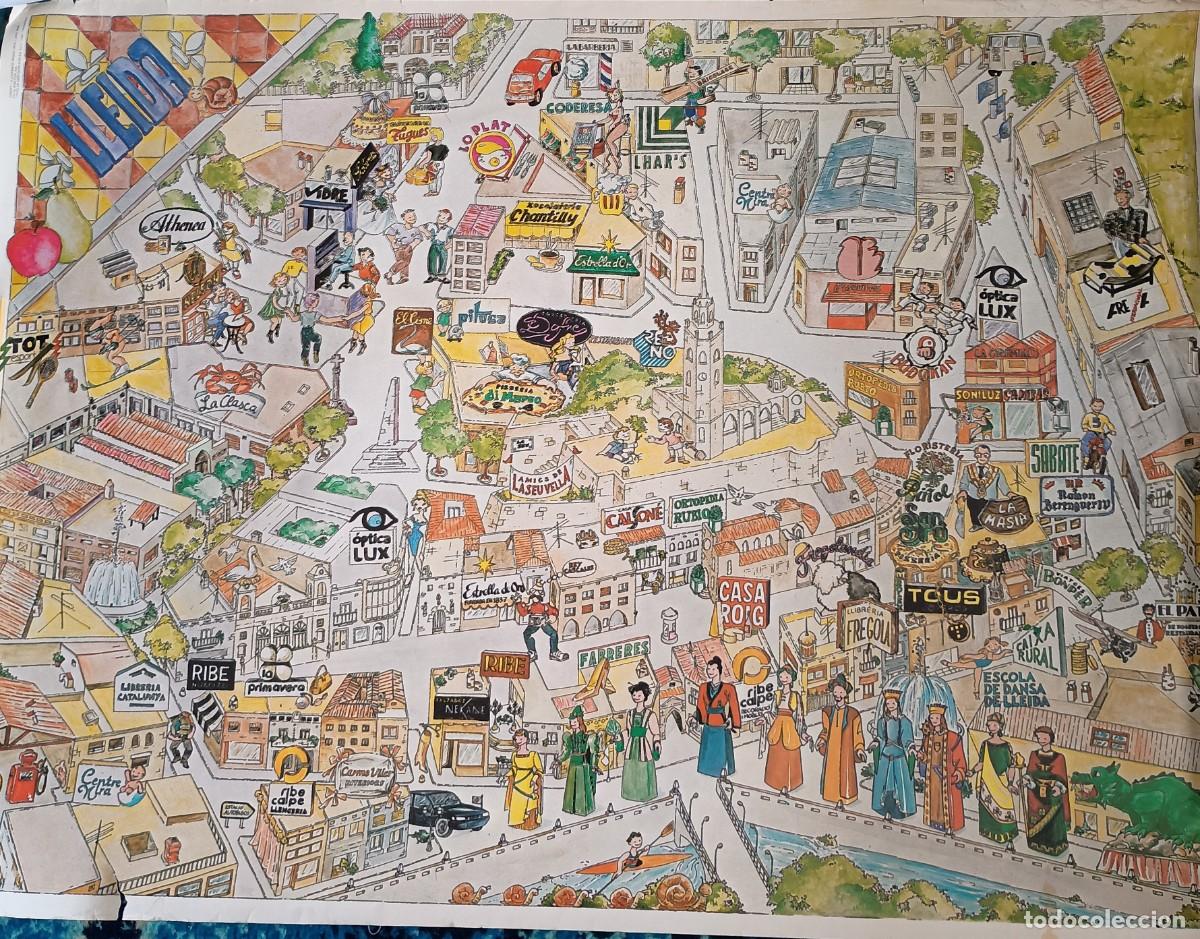 Carteles Publicitarios: Lleida. Poster ilustraci&oacute;n mapa con comercios locales. A&ntilde;os 80s. 69x50cm