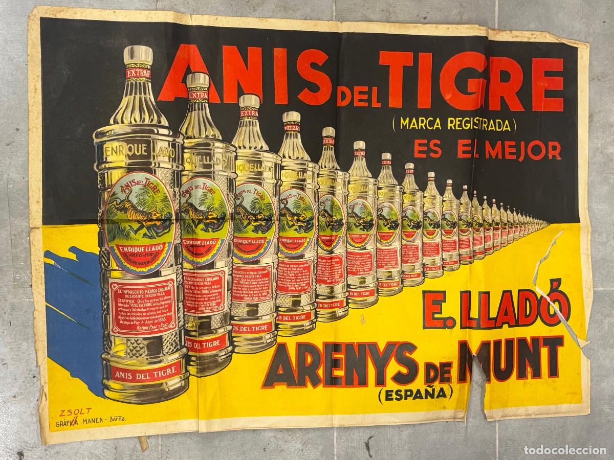 Carteles Publicitarios: ANIS DEL TIGRE - ARENYS DE MUNT - CARTEL ANTIGUO PUBLICIDAD - TIGRE COMI&Eacute;NDOSE AL MONO - ZSOLT