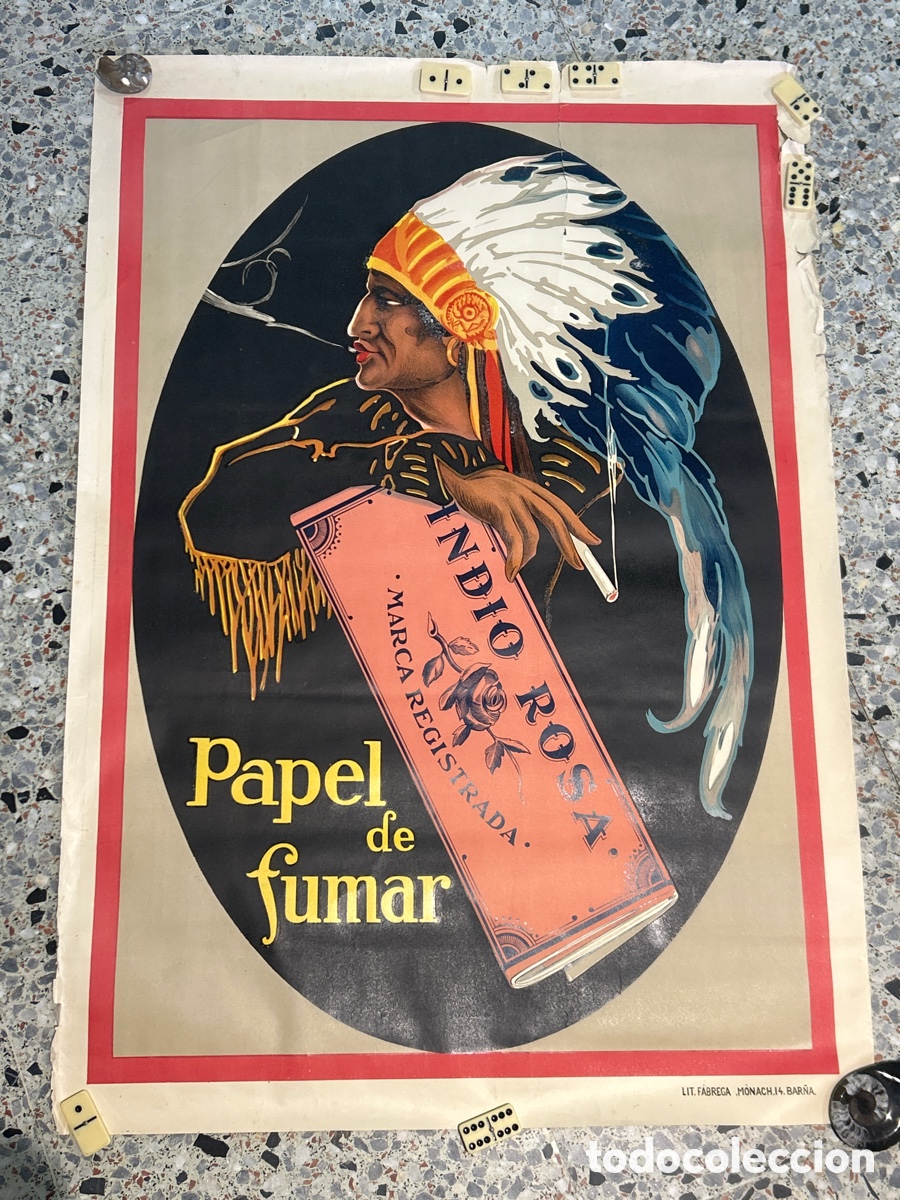 Affiches Publicitaires: CARTEL PUBLICITARIO ORIGINAL A&Ntilde;OS 30 PAPEL FUMAR INDIO ROSA. NO COPIA