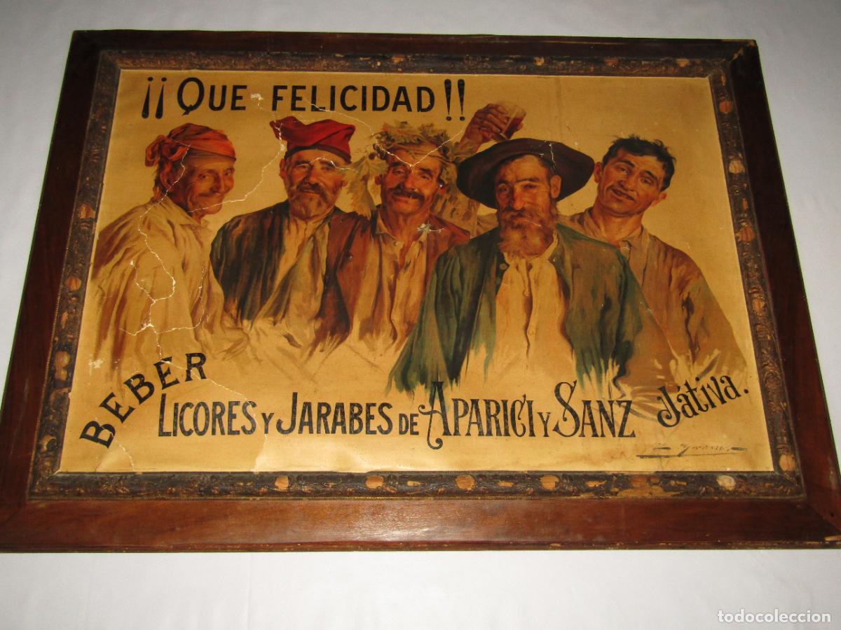 Carteles Publicitarios: Antiguo Cartel en Litograf&iacute;a con Marco de Gran Tama&ntilde;o de Licores y Jarabes APARICI Y SANZ de J&aacute;tiva