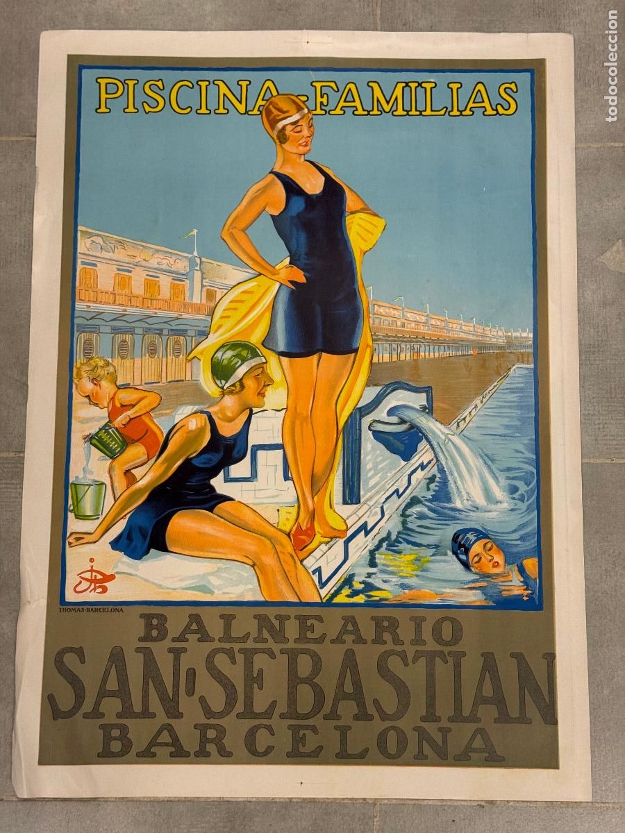 Carteles Publicitarios: BARCELONA - BALNEARIO SAN SEBASTIAN - PISCINAS FAMILIA - CARTEL ANTIGUO - NATACION - ORIGINAL