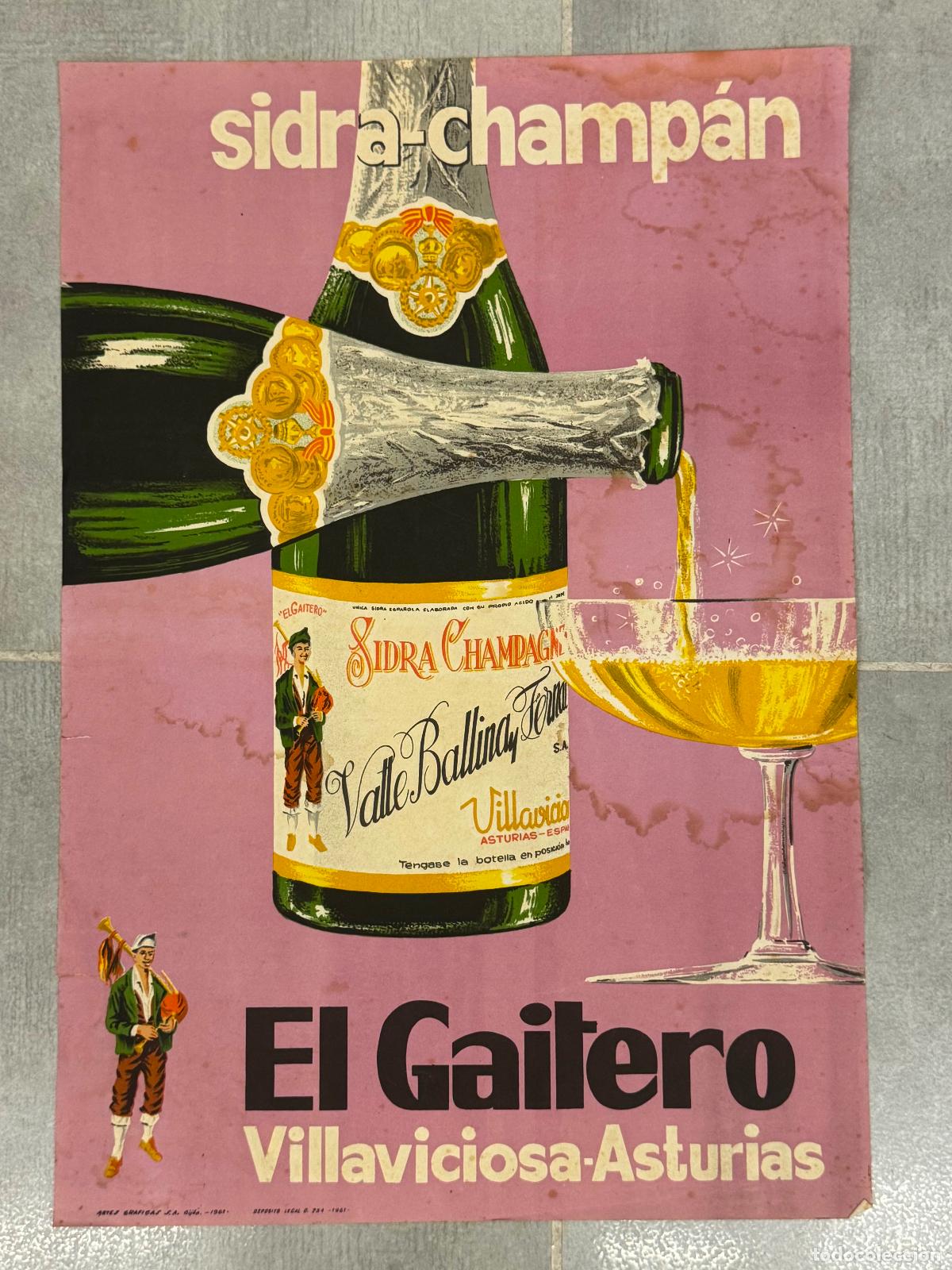 Carteles Publicitarios: VILLAVICIOSA (ASTURIAS) SIDRA CHAMPAN EL GAITERO - A&Ntilde;OS 60 -ARTES GRAFICAS SA GIJON - CARTEL ANTIGUO